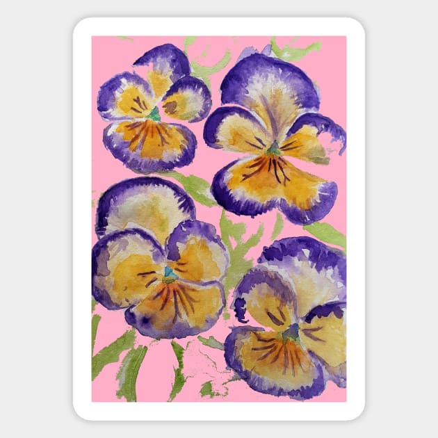 Viola Watercolor Purple Floral Pattern on Pink Sticker by SarahRajkotwala